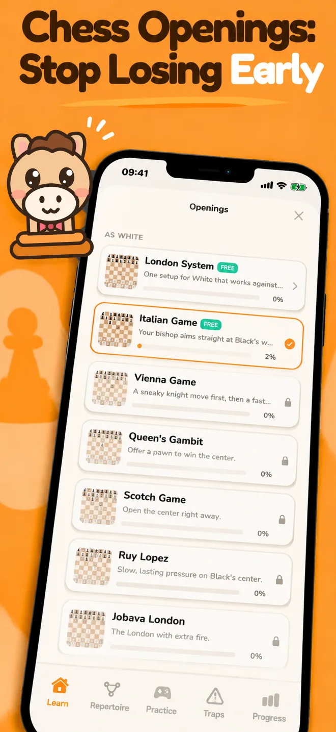 Chess Openings app: list of openings with progress for each