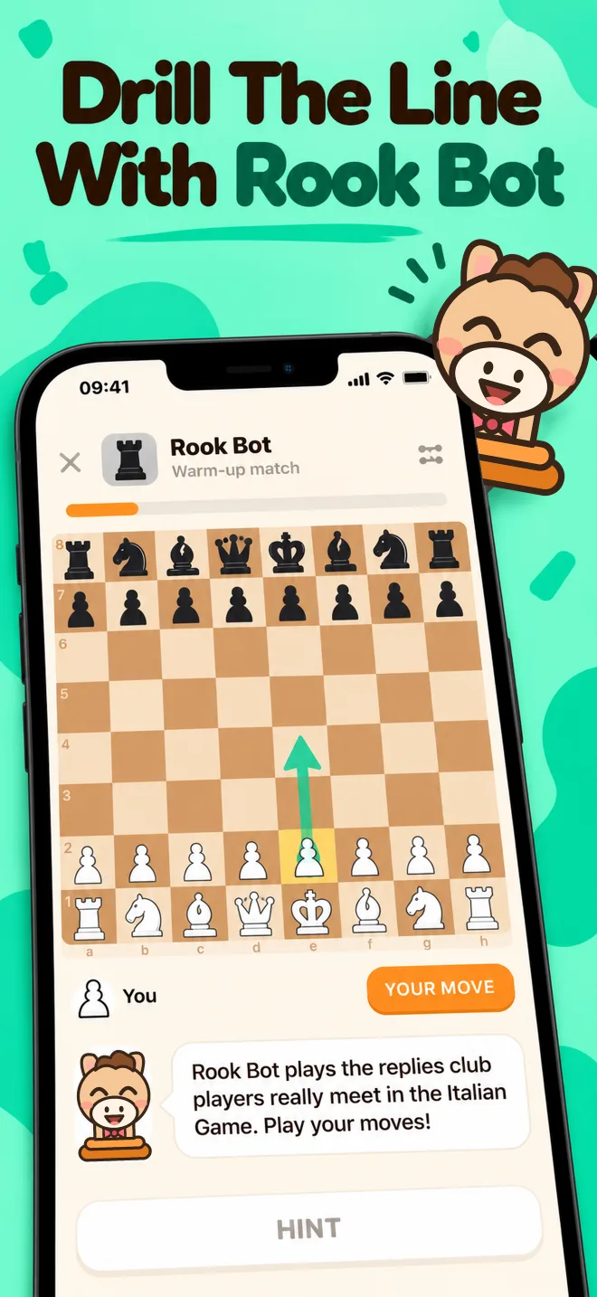 A practice match against Rook Bot on a wooden chess board